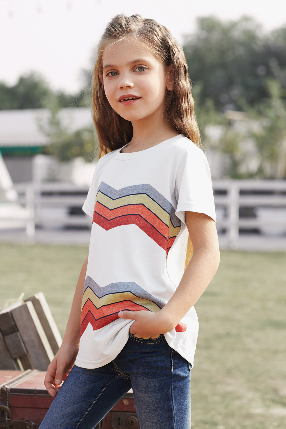 White Colorblock Striped Girls' T-Shirt