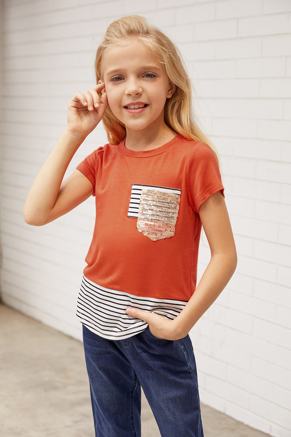 Sequins Pocket Splicing Stripes Girls' T-Shirt