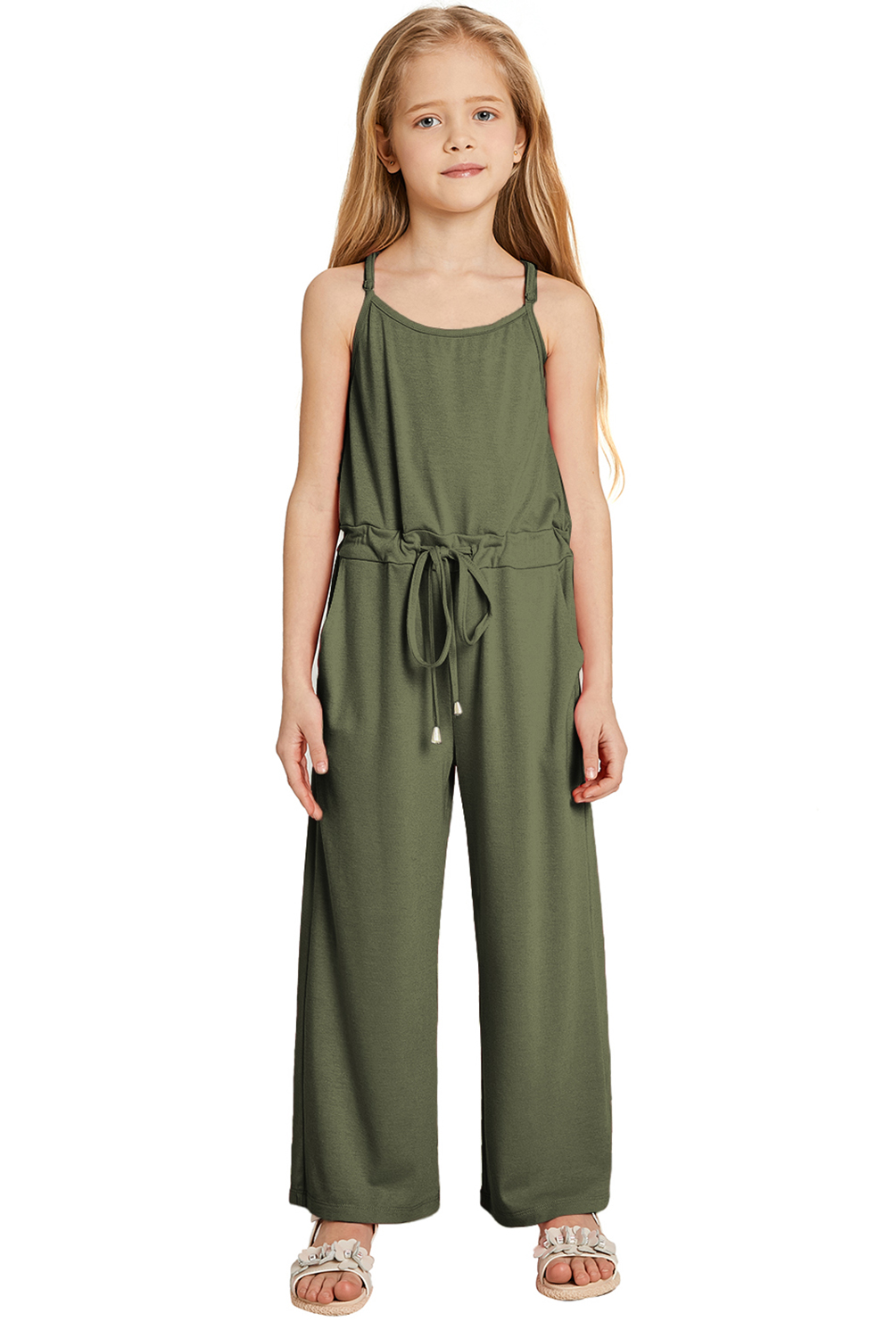 Green Spaghetti Strap Wide Leg Girls Jumpsuit