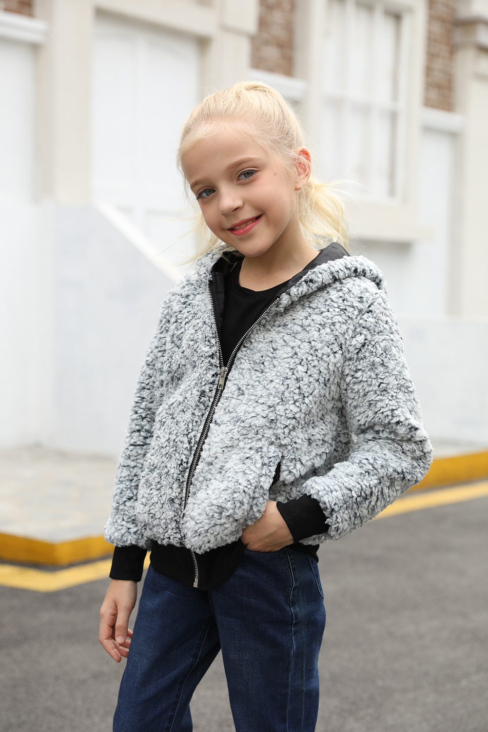 Gray Girls' Faux Fur Bomber Jacket