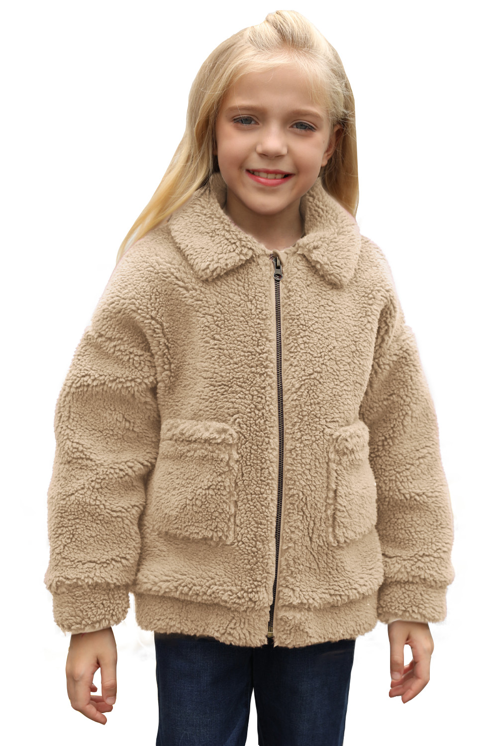 Khaki Lapel Zipper Pockets Girl's Sherpa Coat