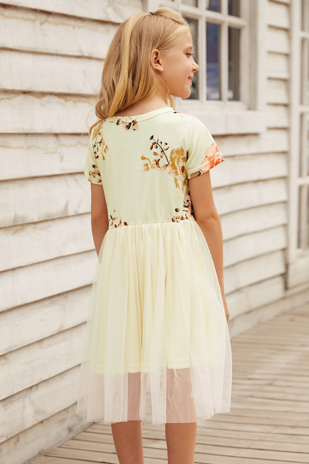 Short Sleeves Floral Bodice Empire Waist Kids Tulle Dress