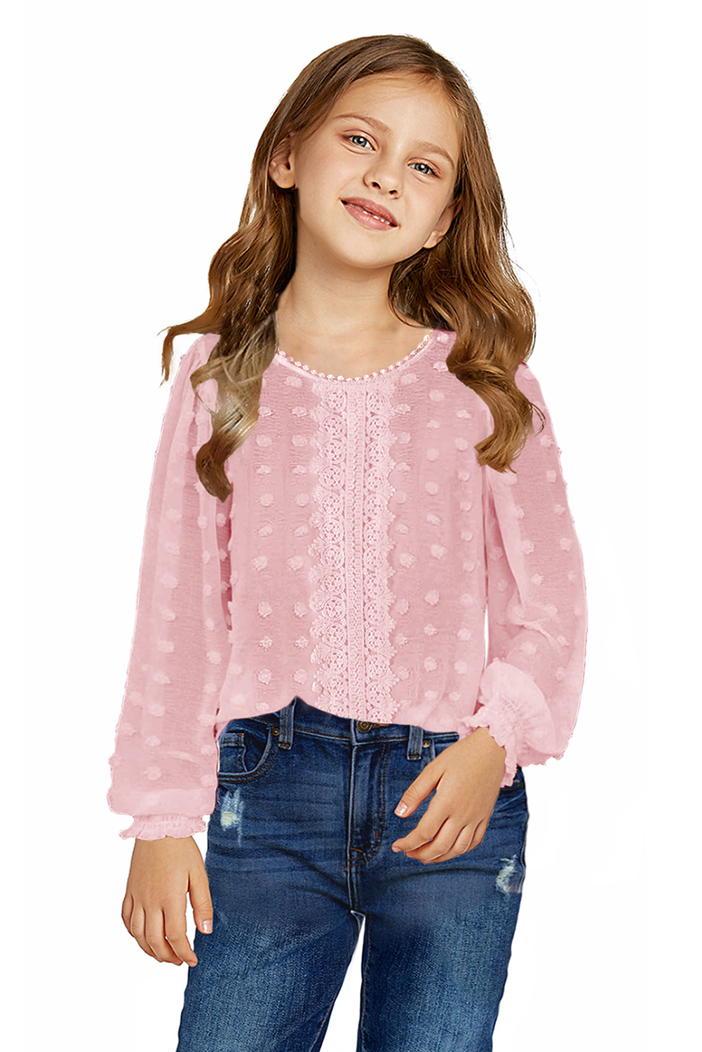 Pink Swiss Dot Lace Splicing Long Sleeve Girl's Blouse