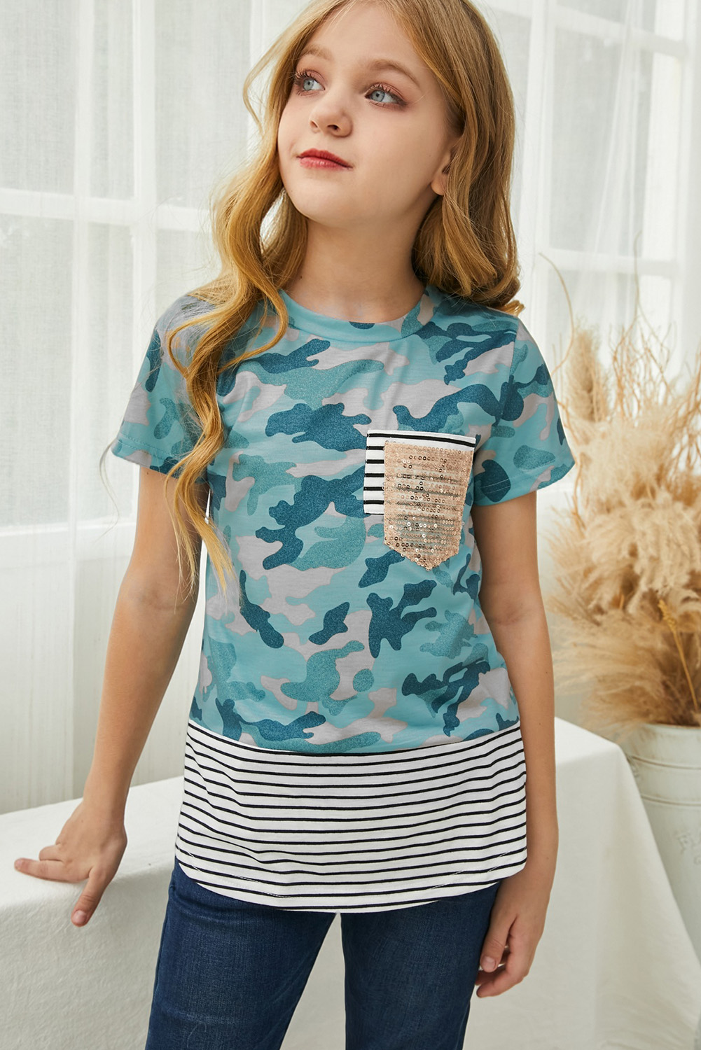 Green Camo Print Splicing Stripes Girls' T-Shirt