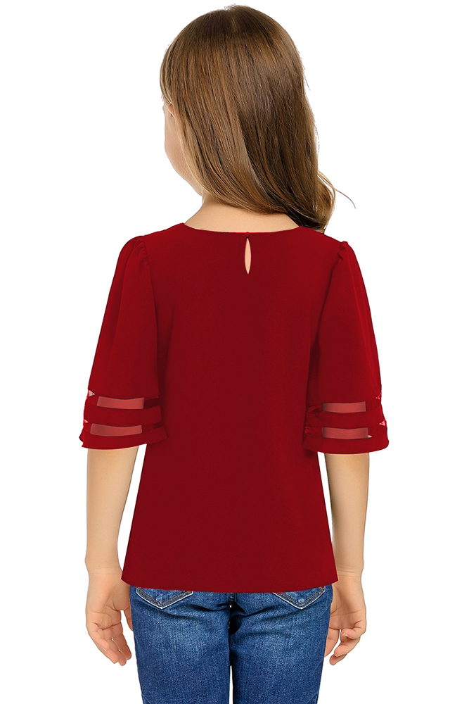 Red Girl's 3/4 Bell Sleeve Mesh Panel Blouse