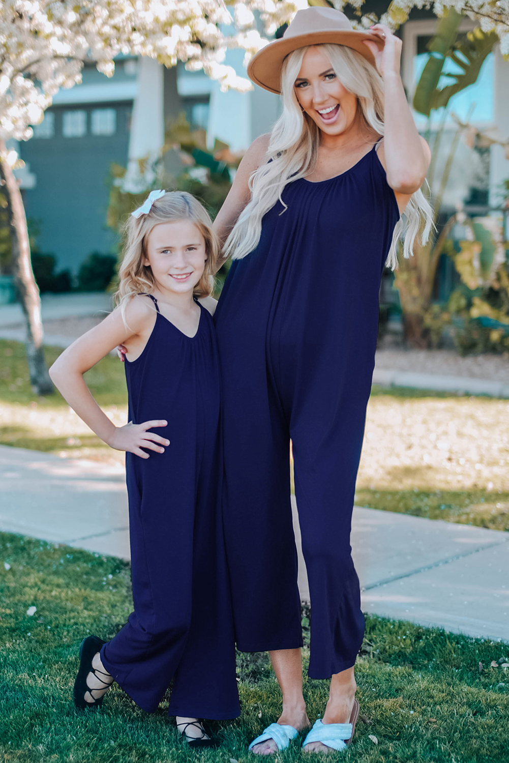 Blue Spaghetti Strap Wide Leg Girl's Jumpsuit With Pocket