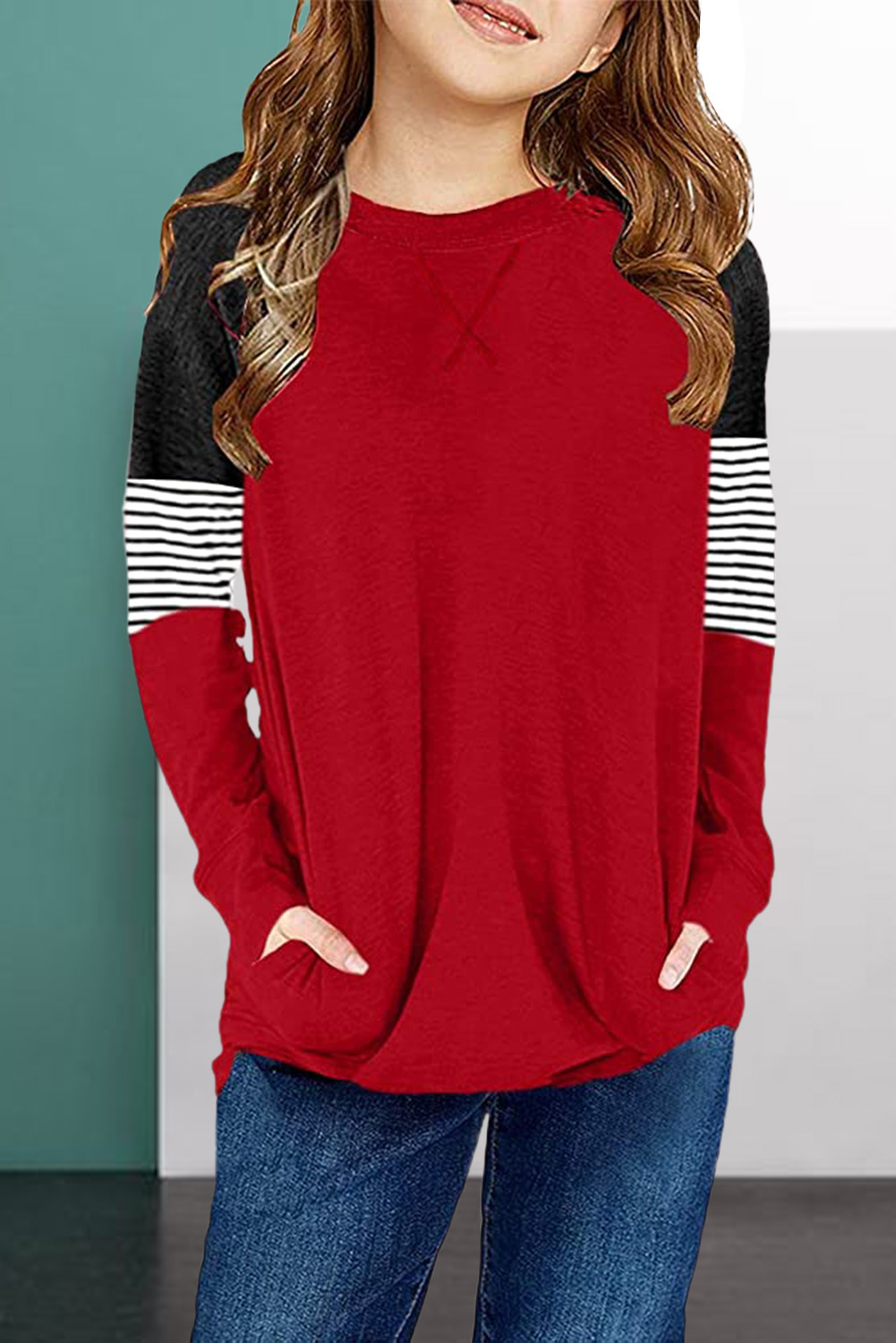 Red Striped Colorblock Long Sleeve Girls Blouse With Pocket