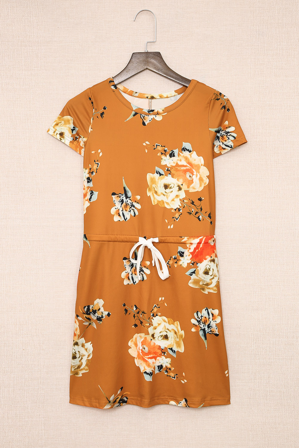 Orange Floral Print Drawstring Short Sleeve Girl's Mini Dress