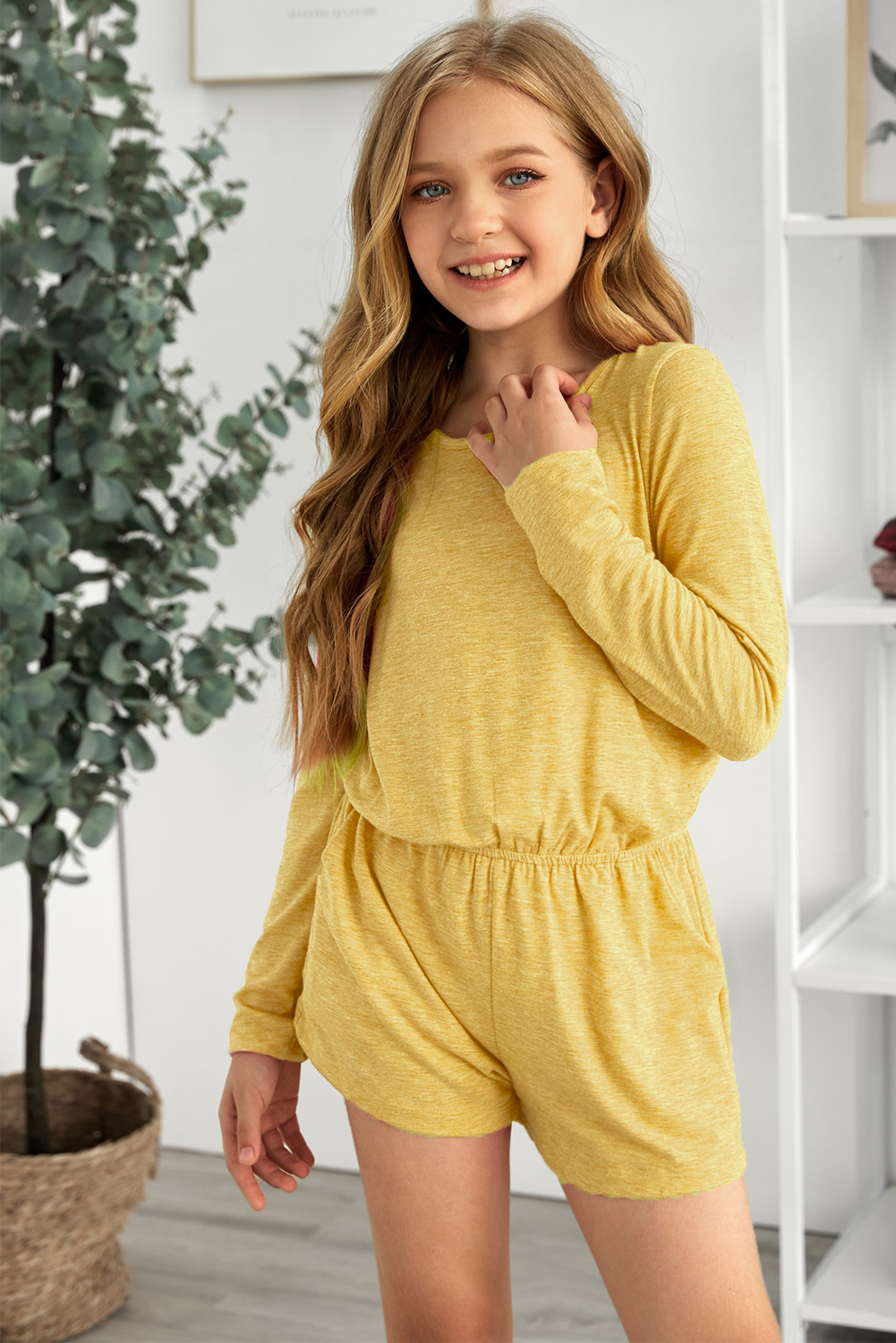 Yellow Solid Color Long Sleeve Elastic Waist Pocket Girl’s Romper