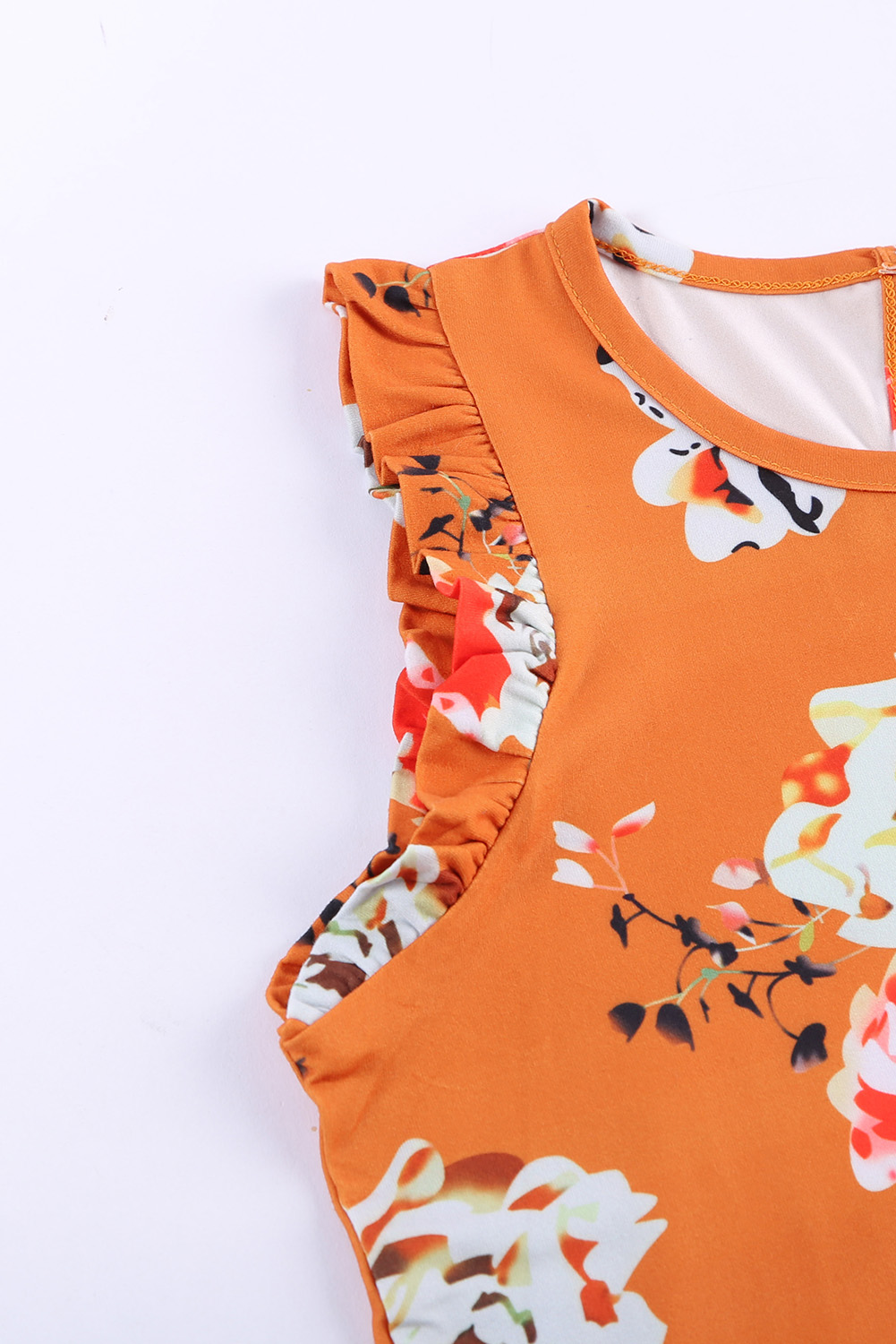 Orange Little Girl Floral Ruffle Tank And Shorts Set