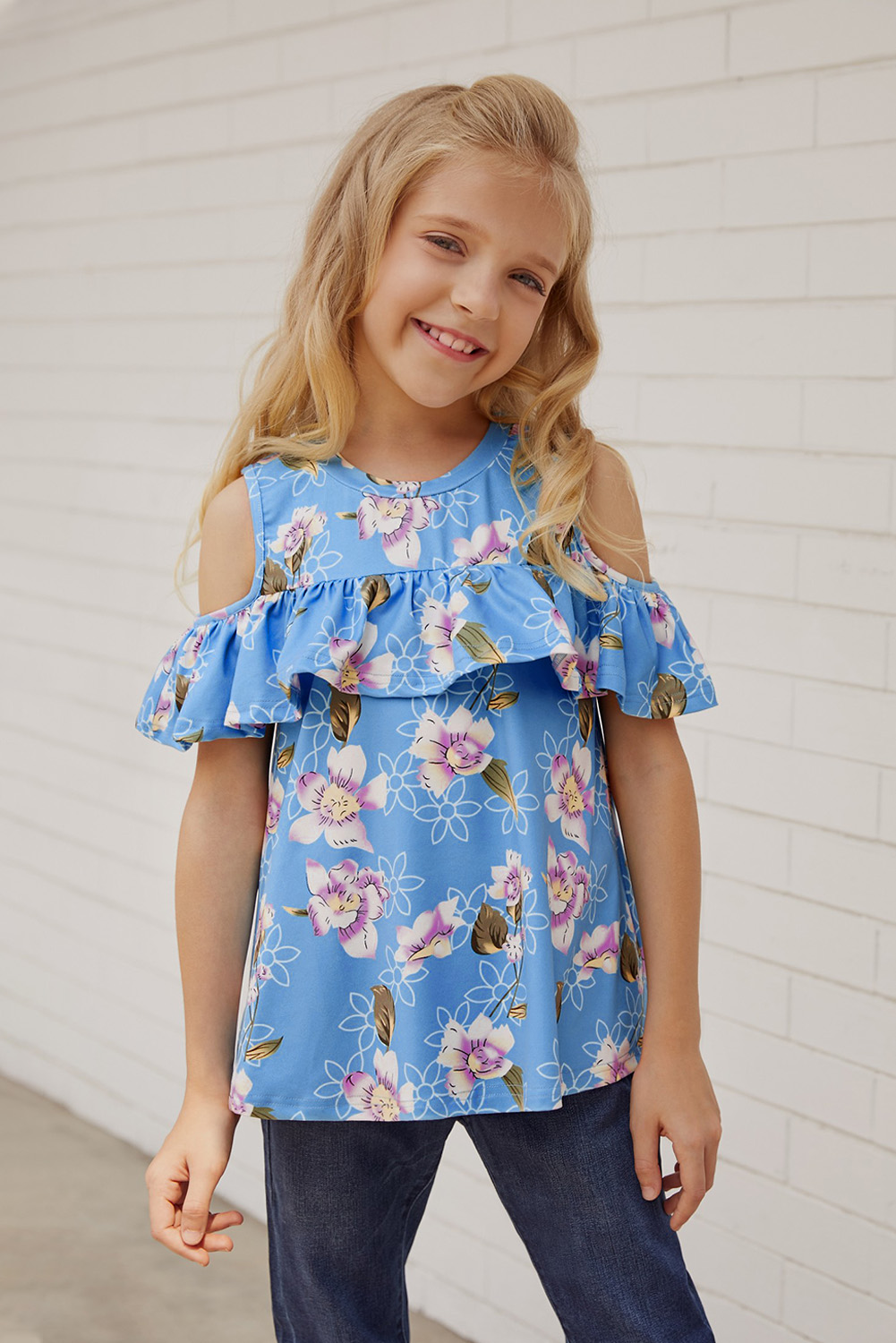 Sky Blue Ruffled Cold Shoulder Floral Girls' Top