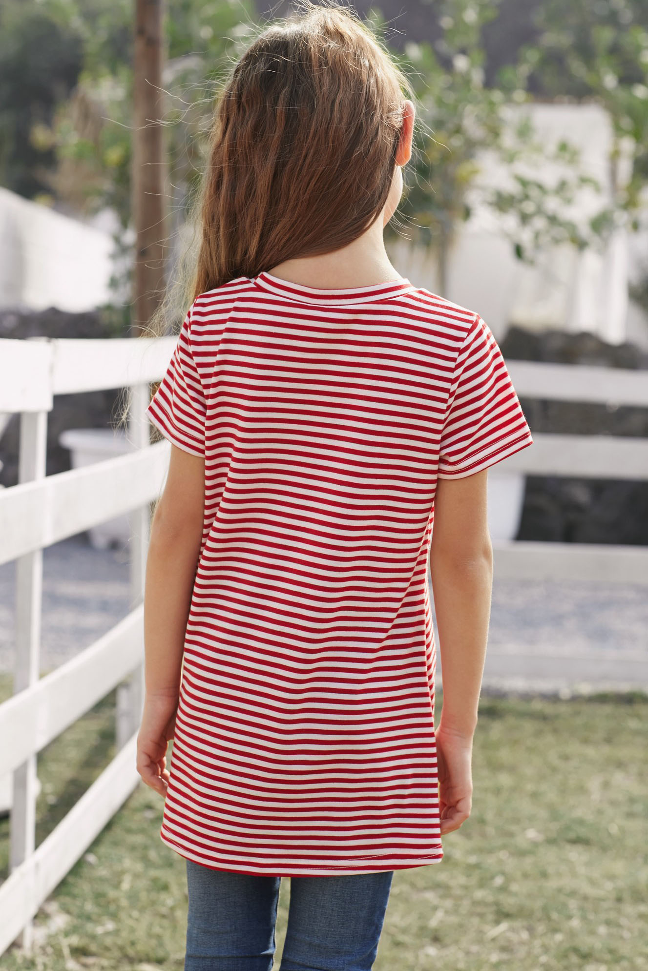 Red Short Sleeve Front Twist Striped Girl's Top