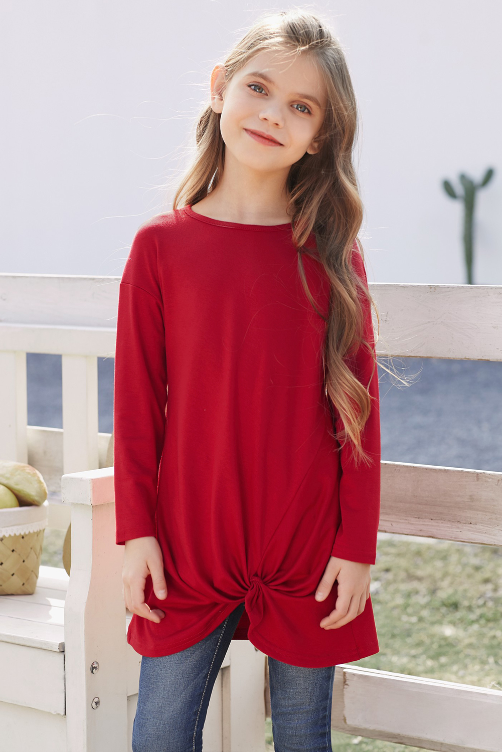 Red Twist Knot Detail Long Sleeve Girl’s Top