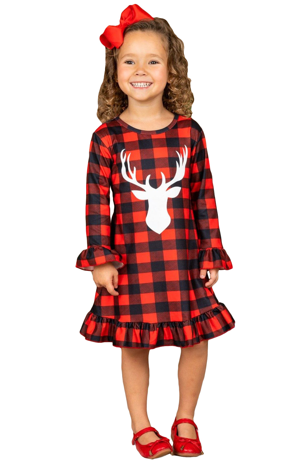 Girls Plaid Reindeer Graphic Ruffled Dress