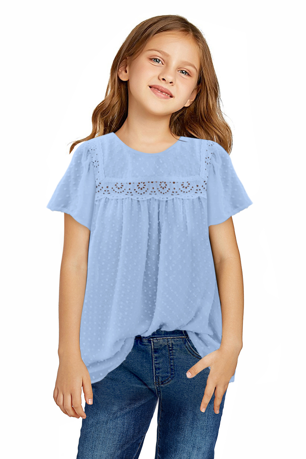 Sky Blue Swiss Dot Print Hollow Out Girl's Blouse