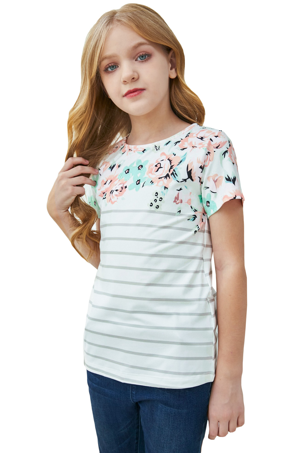 White Round Neck Floral Striped Print Kid's Tee