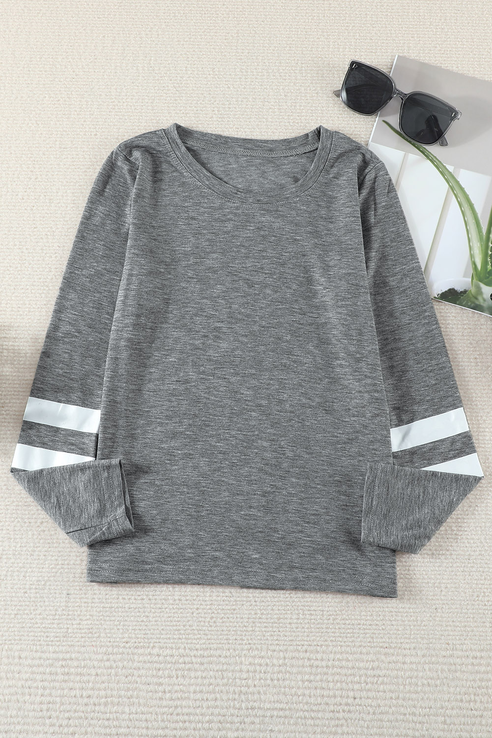 Gray Crewneck Striped Color Block Girl's Long Sleeve Top