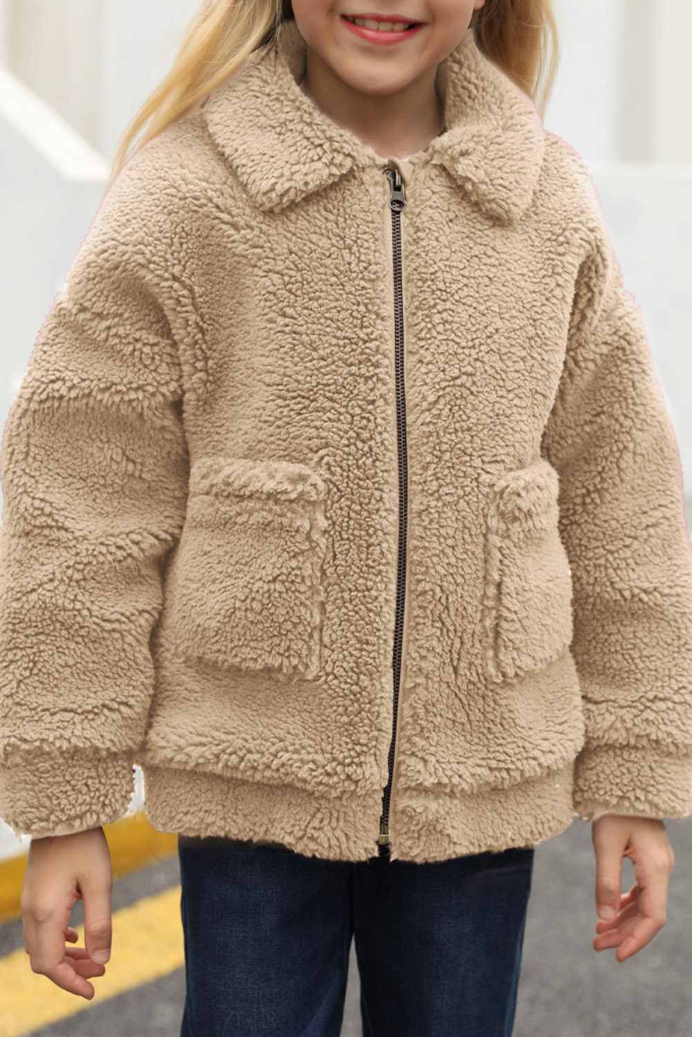 Khaki Lapel Zipper Pockets Girl's Sherpa Coat