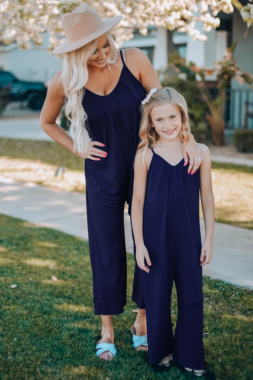 Blue Spaghetti Strap Wide Leg Girl's Jumpsuit With Pocket