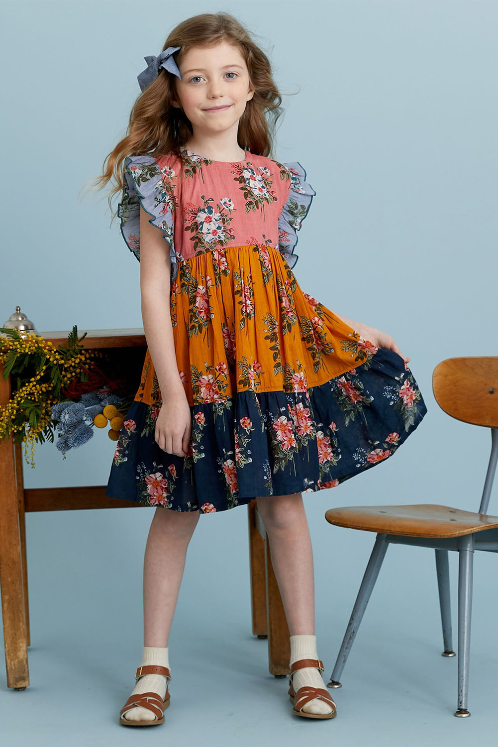 Multicolor Little Girl Colorblock Floral Print Ruffles Pleated Midi Dress