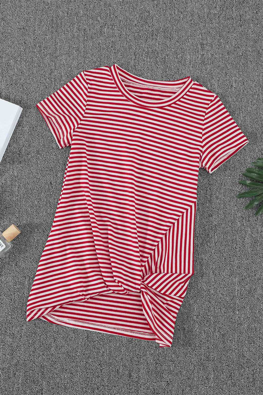 Red Short Sleeve Front Twist Striped Girl's Top