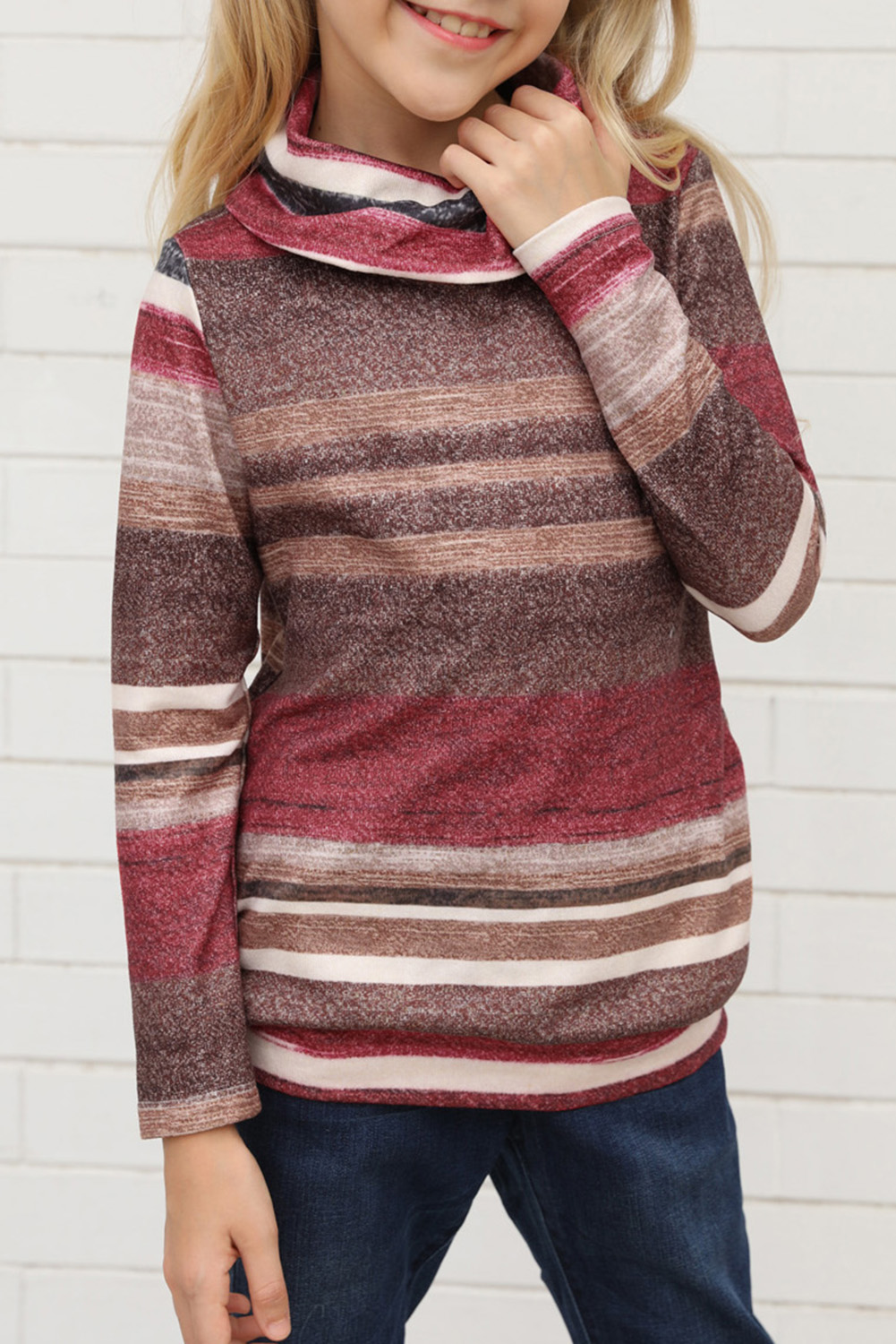 Red Cowl Neck Girl's Striped Sweatshirt