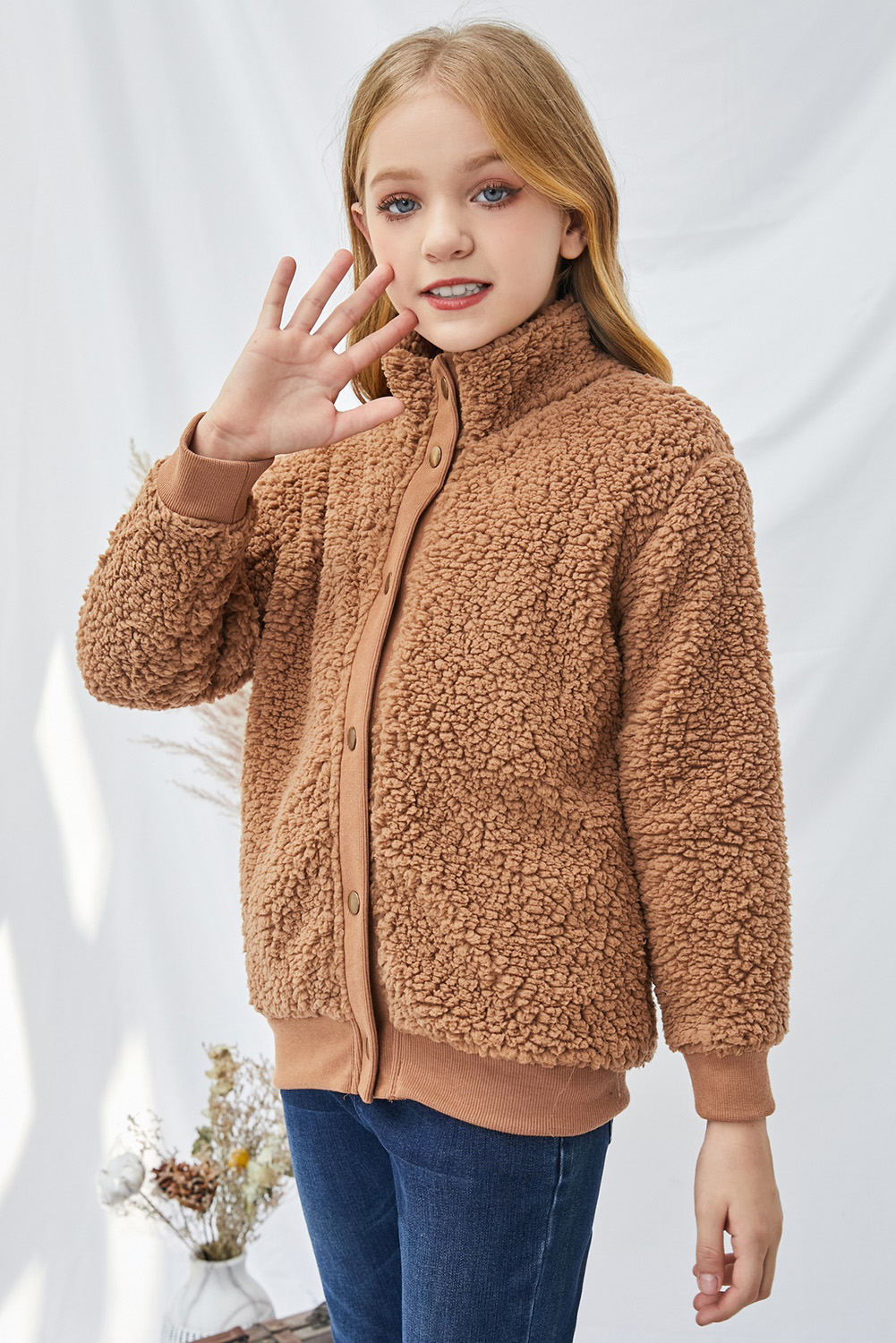 Brown Buttoned Solid Fleece Girl's Coat