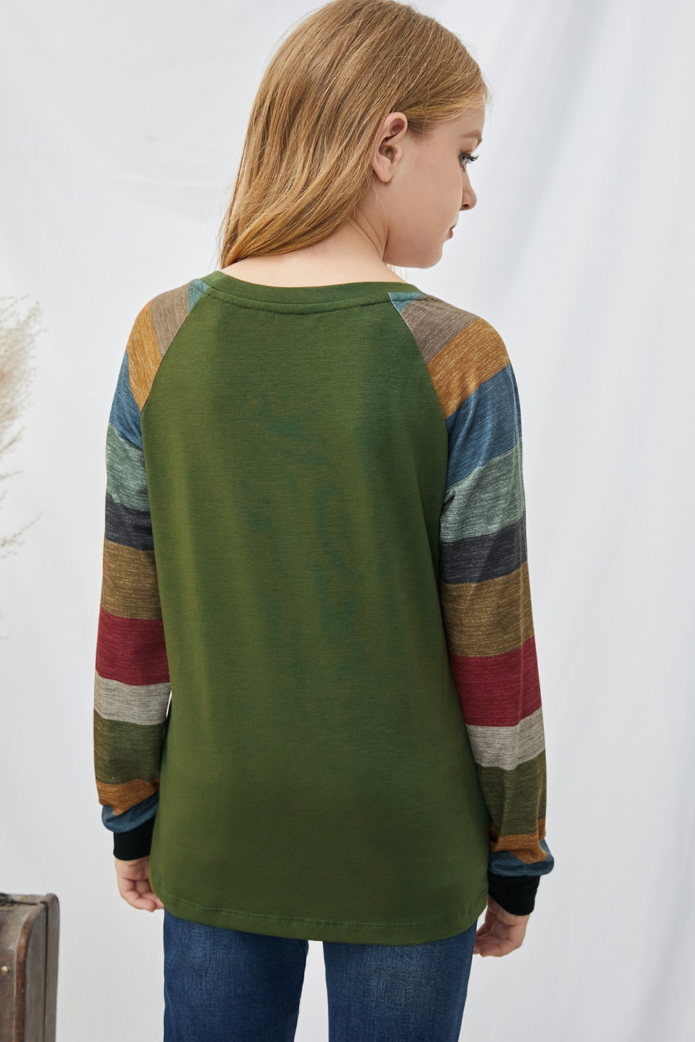 Green Striped Color Block Girl's Long Sleeve Top