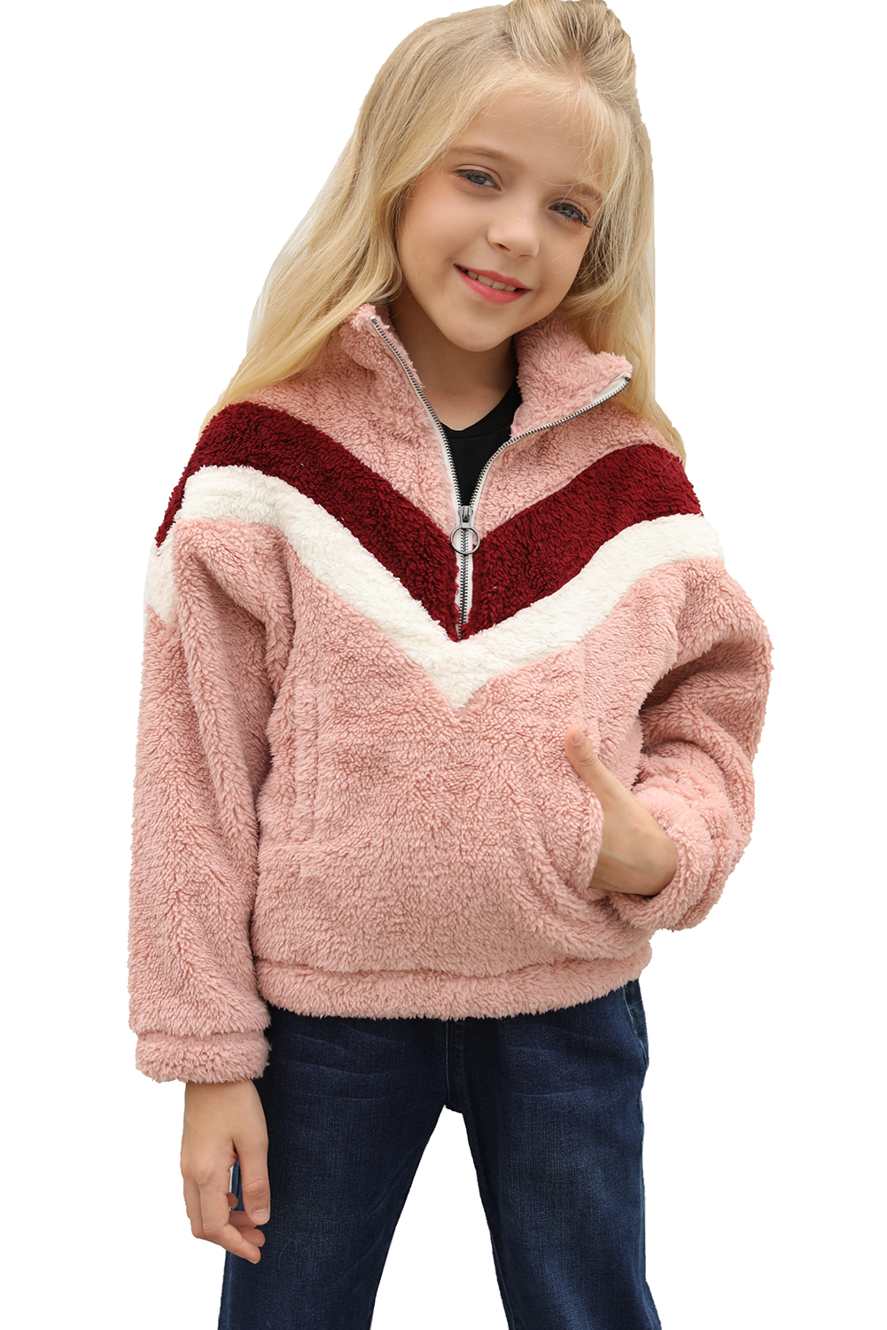 Pink Stripe Color Block Half Zip Girl Fleece Sweatshirt With Pocket