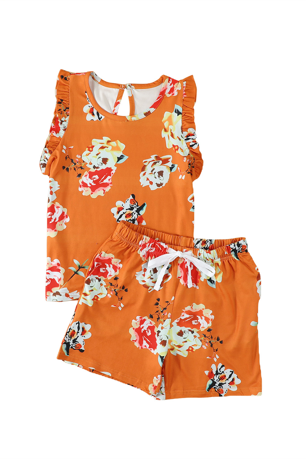 Orange Little Girl Floral Ruffle Tank And Shorts Set