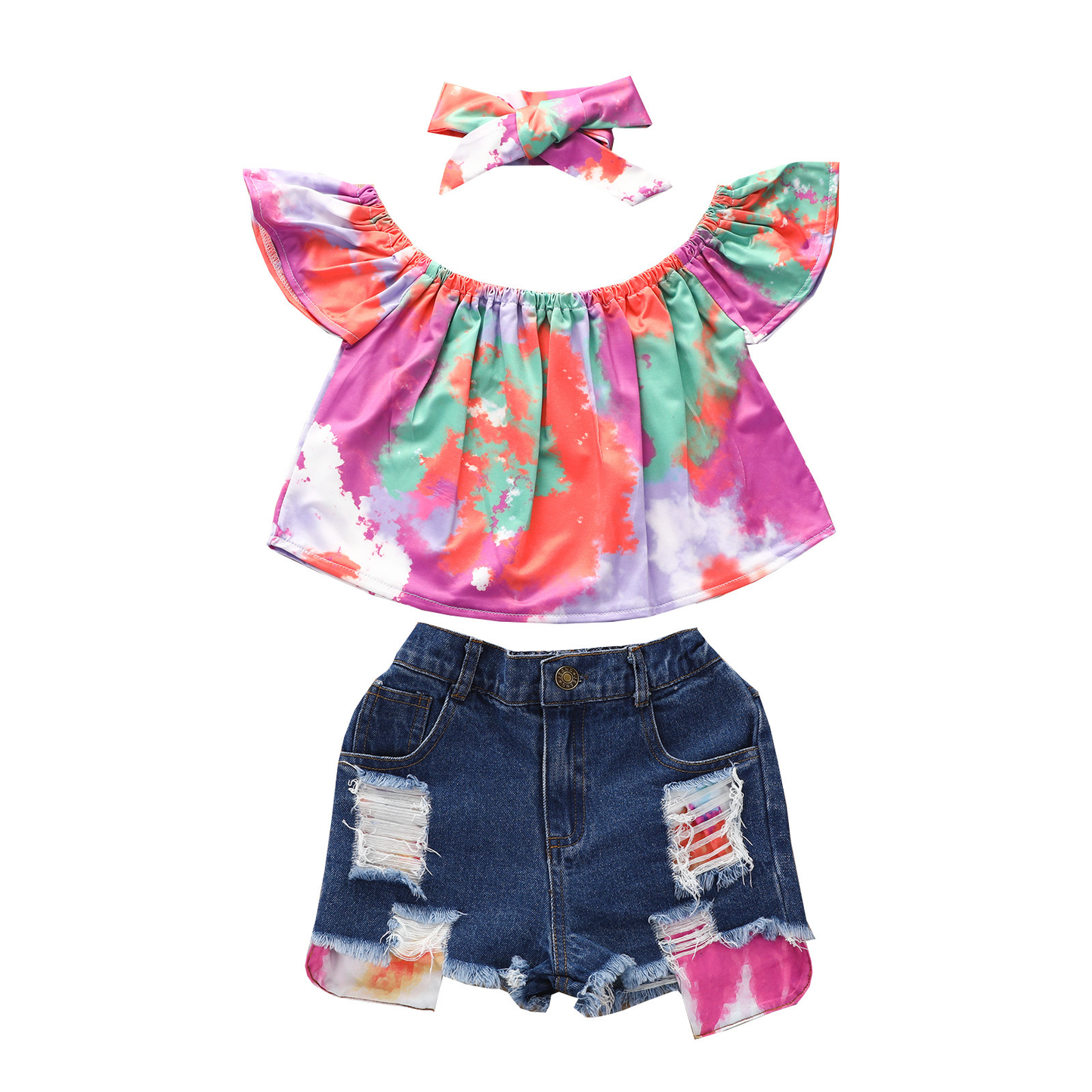 Girls' Off-Shoulder Top & Denim Shorts Set With Headband