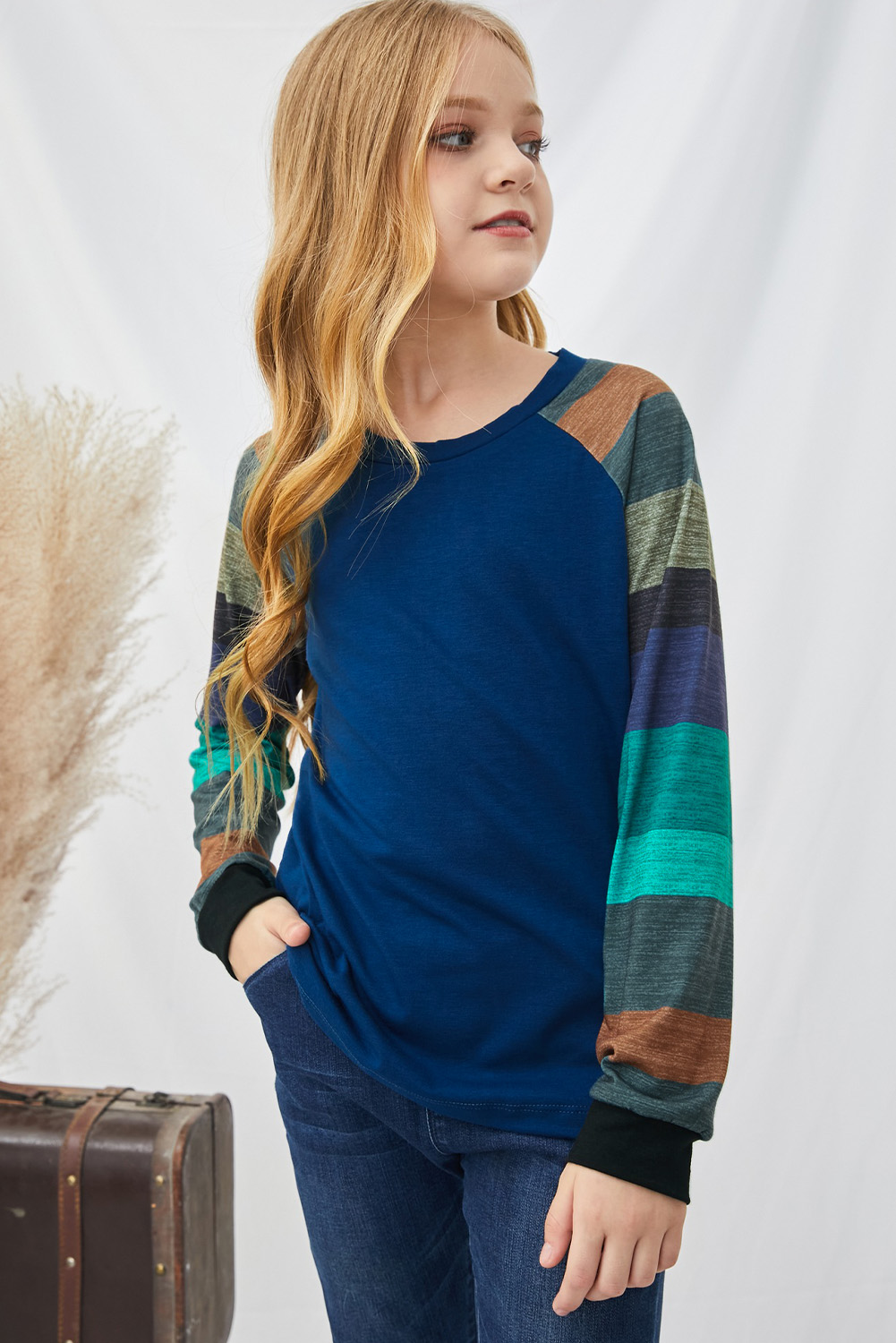 Blue Striped Color Block Girl's Long Sleeve Top