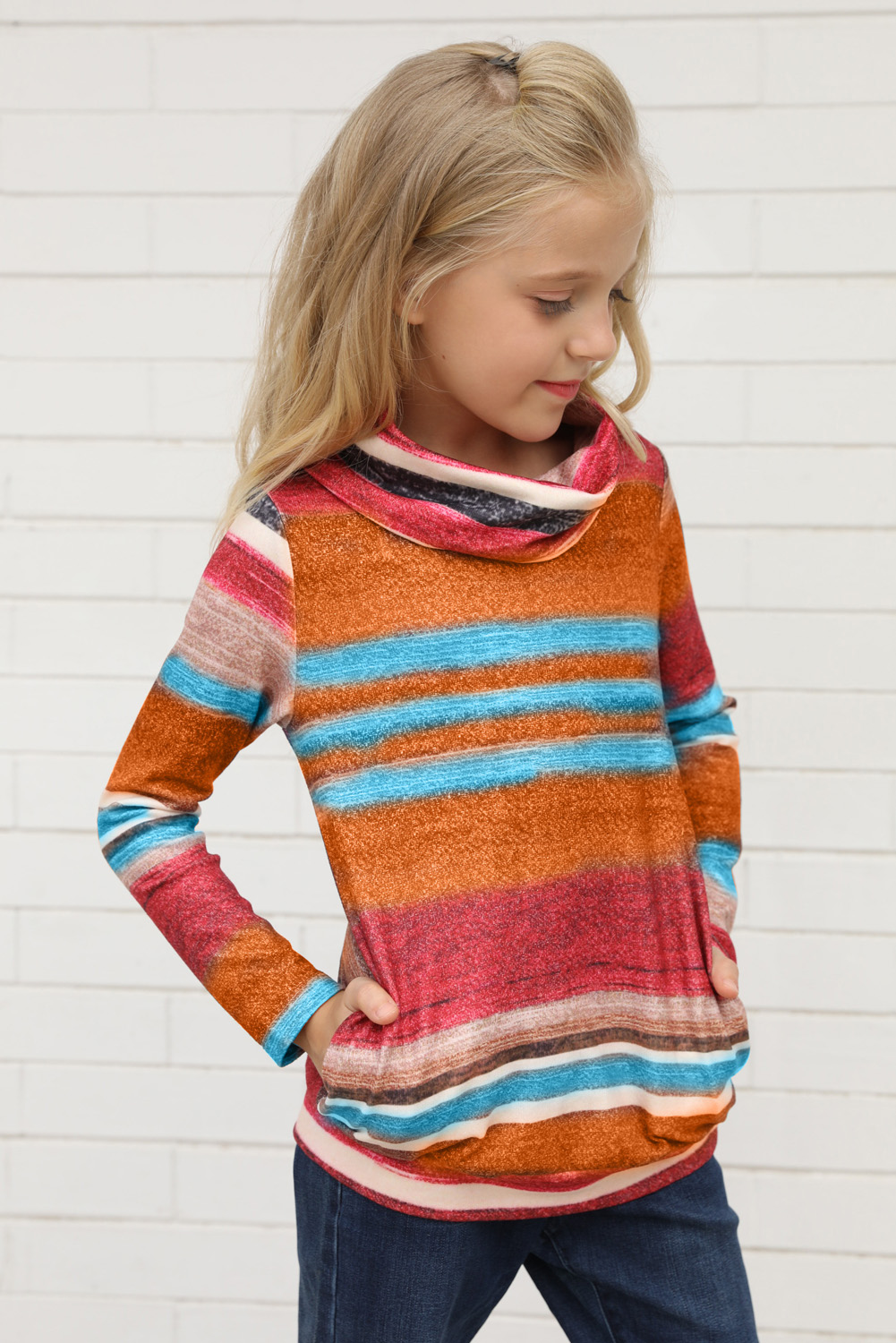 Multicolor Cowl Neck Girl's Striped Sweatshirt