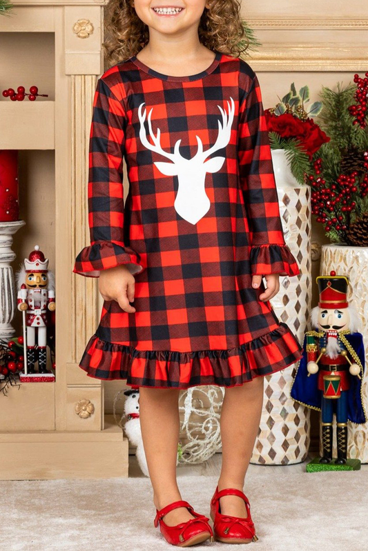 Girls Plaid Reindeer Graphic Ruffled Dress