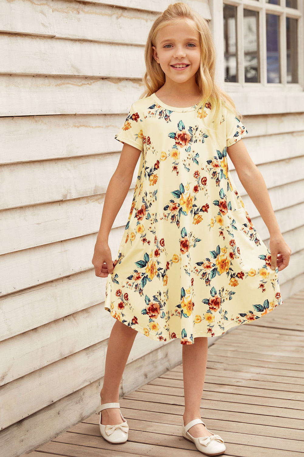 Yellow Floral Girls T-Shirt Midi Dress