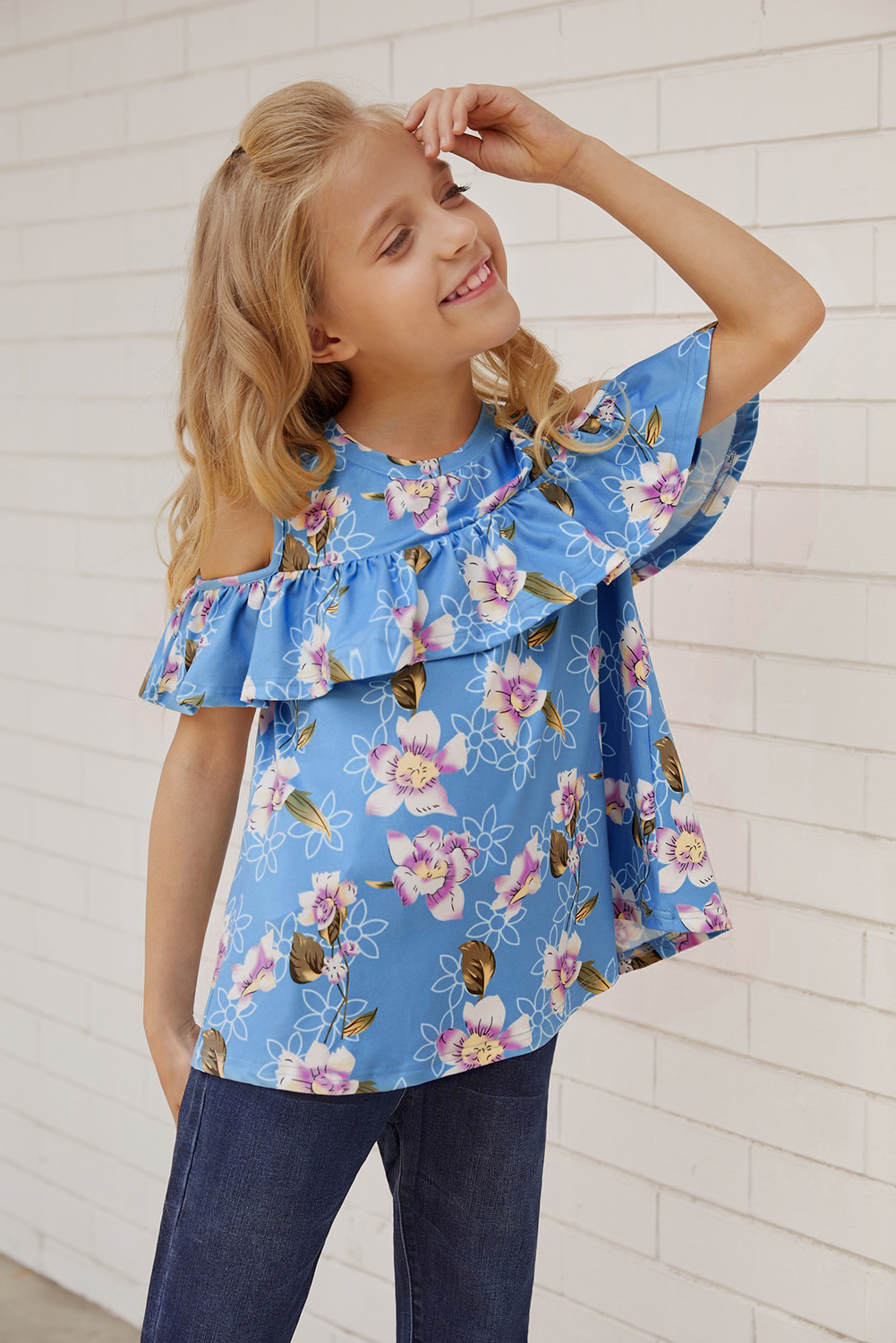 Sky Blue Ruffled Cold Shoulder Floral Girls' Top