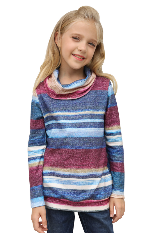 Blue Cowl Neck Girl's Striped Sweatshirt