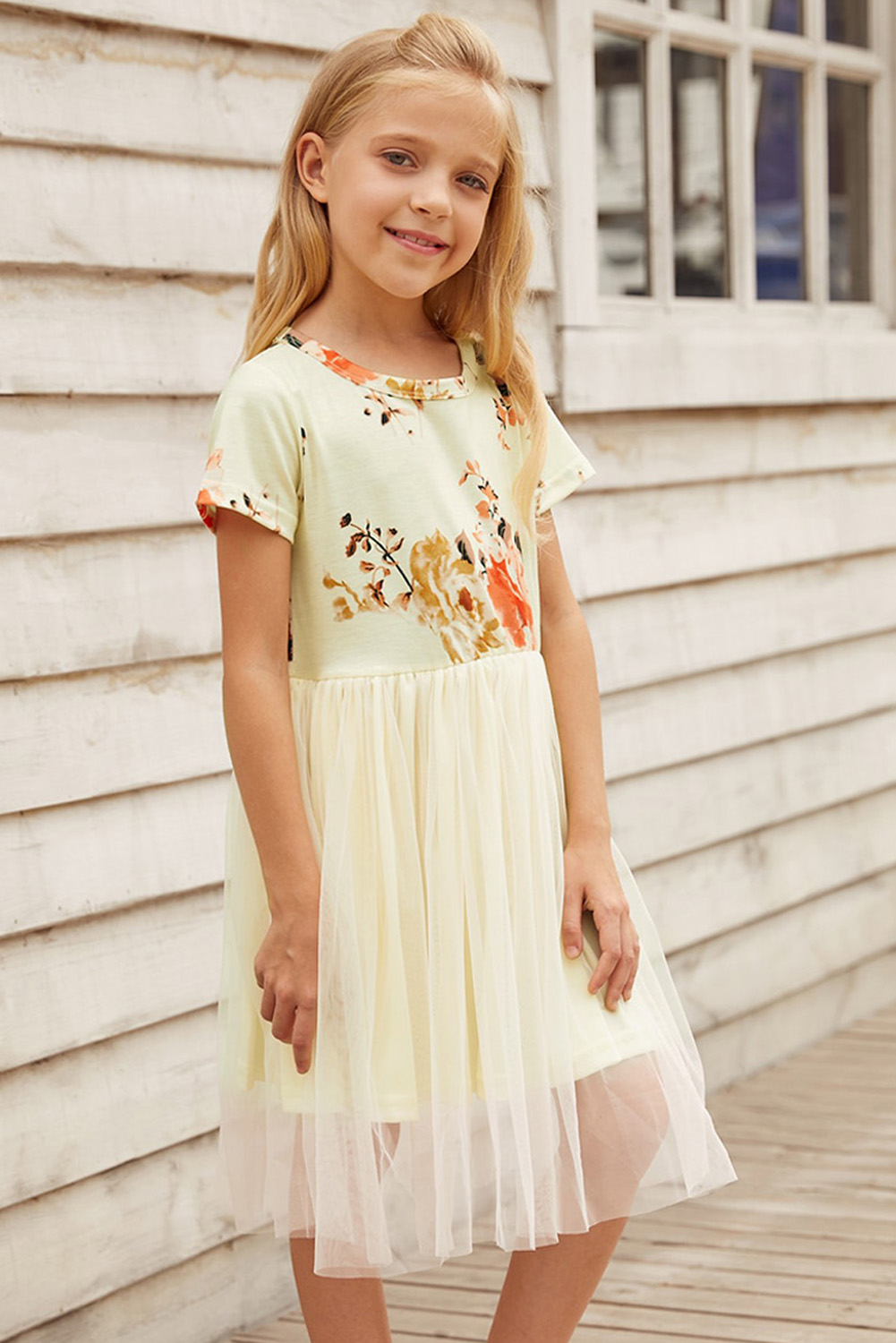 Short Sleeves Floral Bodice Empire Waist Kids Tulle Dress