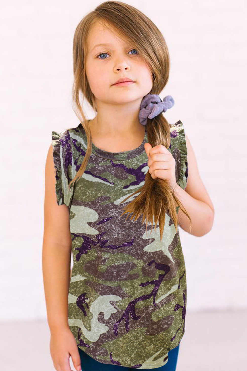 Green Camo Print Flounced Armholes Little Girls’ Tank