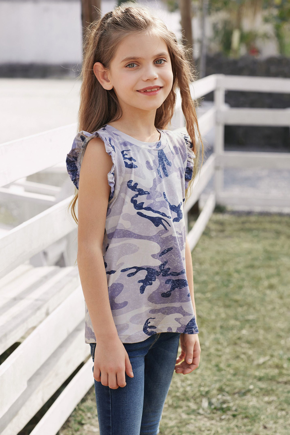 Gray Camo Print Flounced Armholes Little Girls' Tank