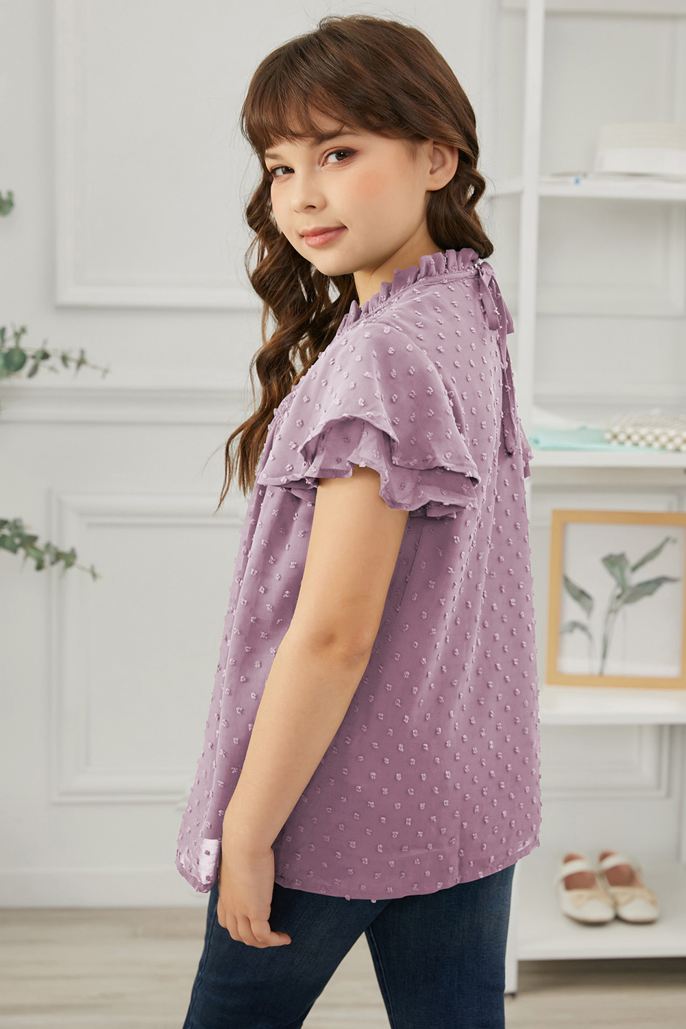 Purple Little Girl Swiss Dot Ruffle Sleeves Top