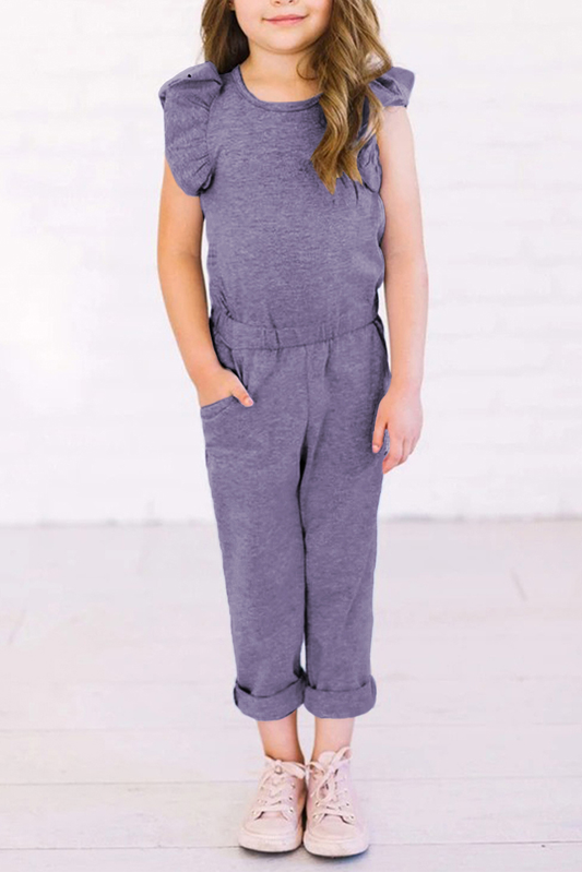 Purple Little Girls Ruffled Shoulder Keyhole Back Jumpsuit With Pockets