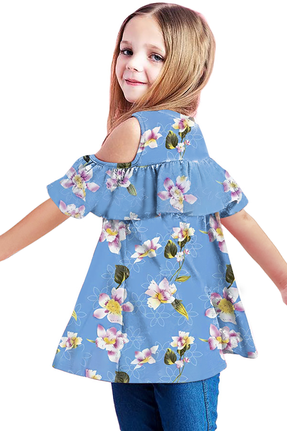 Sky Blue Ruffled Cold Shoulder Floral Girls' Top