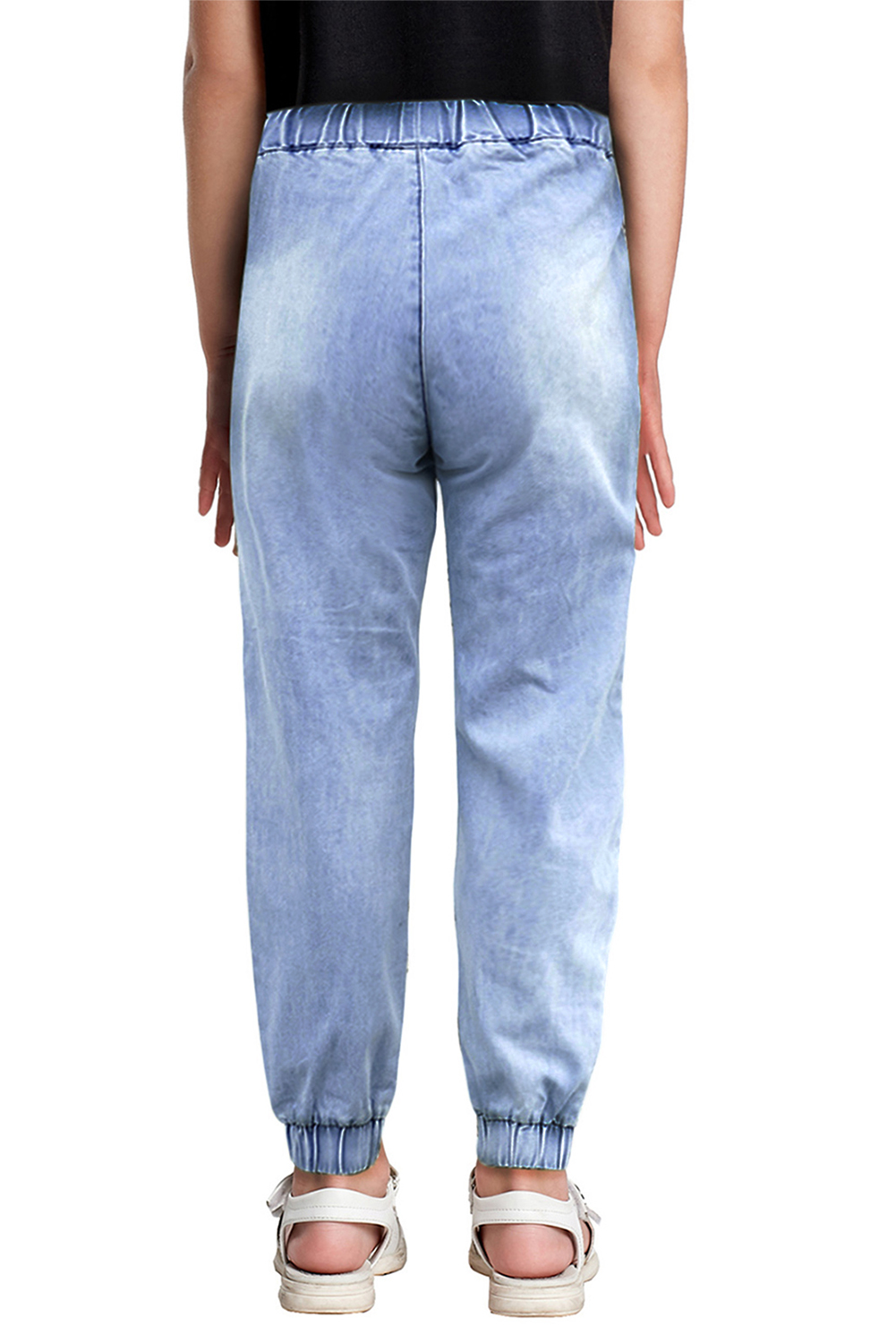 Light Blue Distressed Pocketd Little Girl Denim Joggers