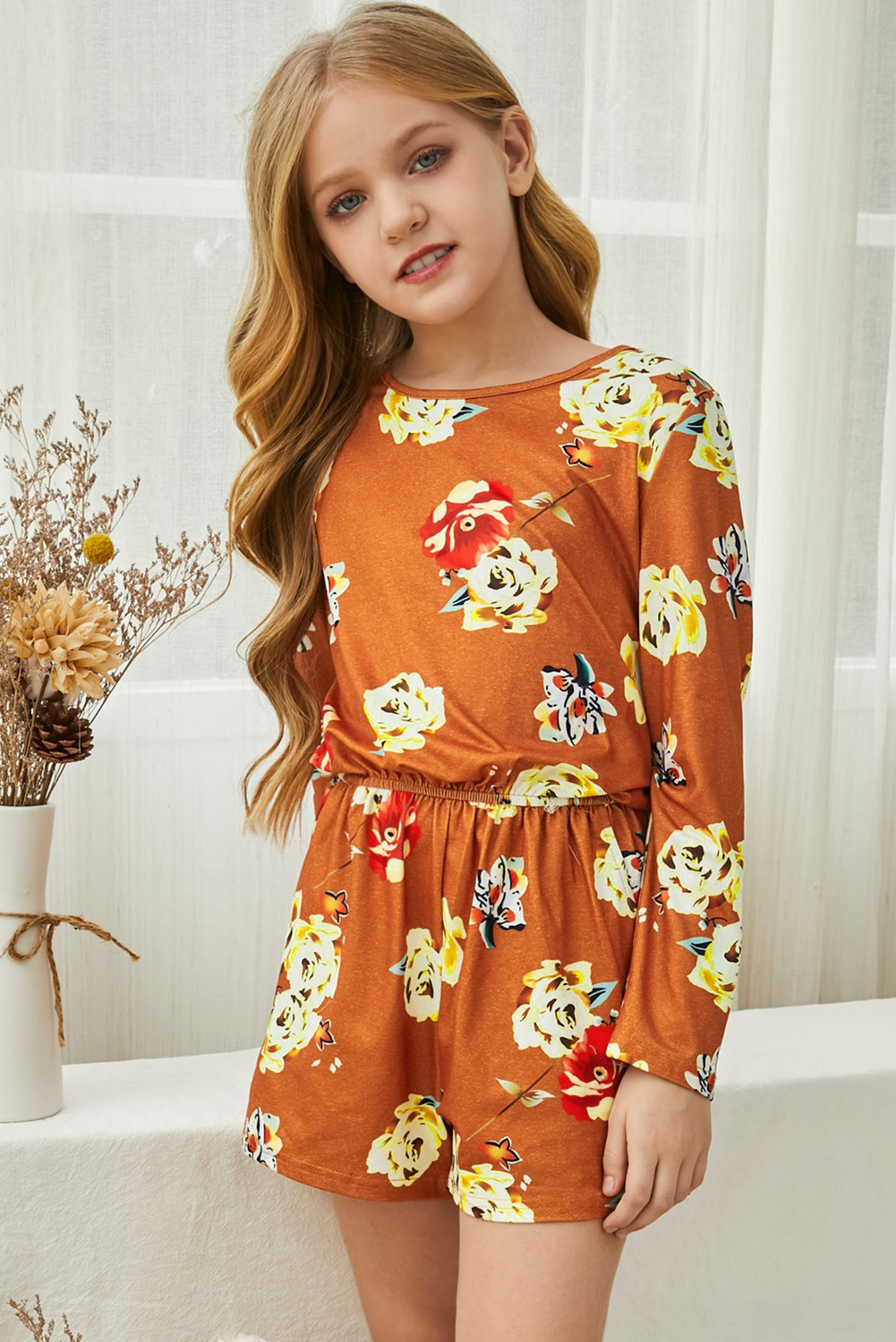 Orange Little Girls' Floral Long Sleeve Romper