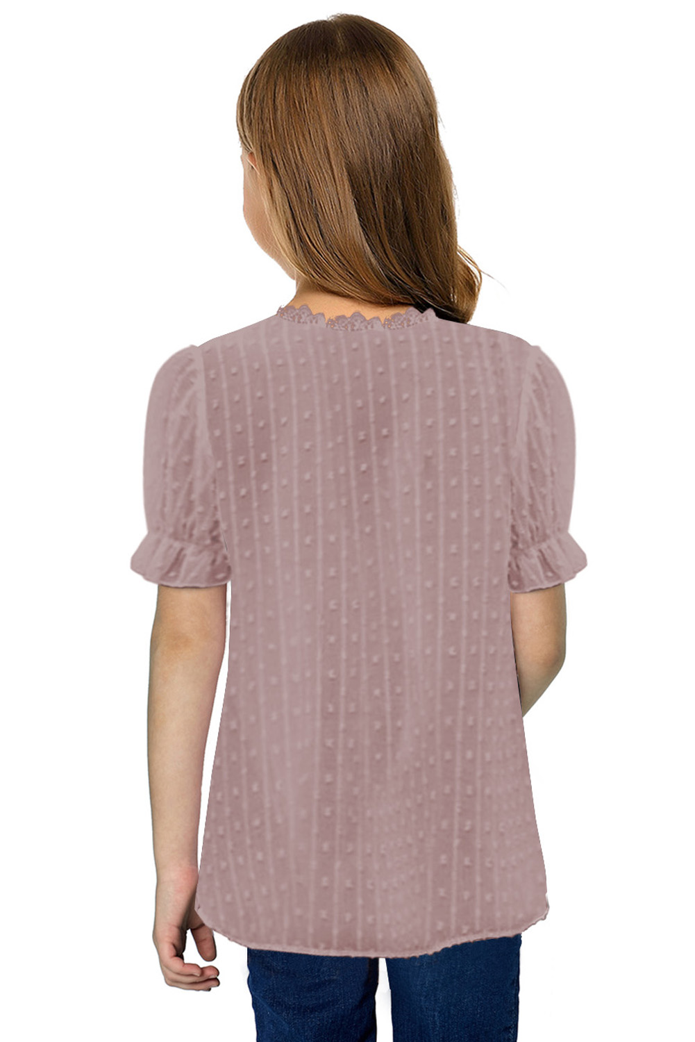 Pink Swiss Dot Lace Short Sleeve Girls Top