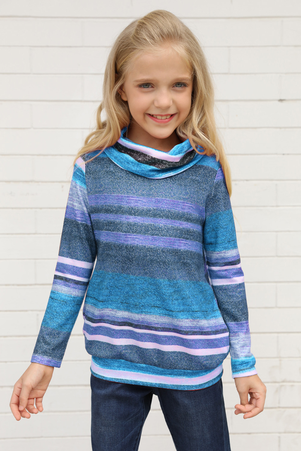 Sky Blue Cowl Neck Girl's Striped Sweatshirt