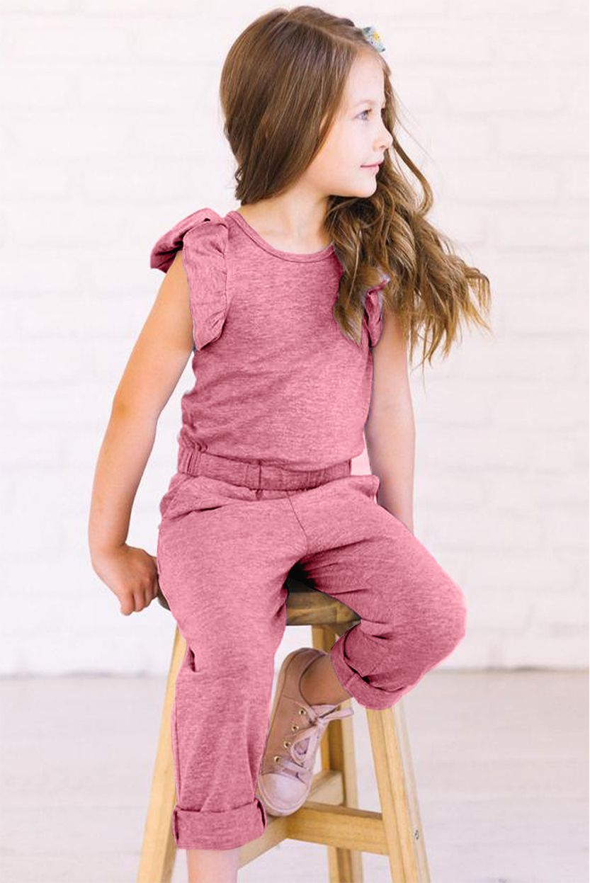 Pink Little Girls Ruffled Shoulder Keyhole Back Jumpsuit With Pockets