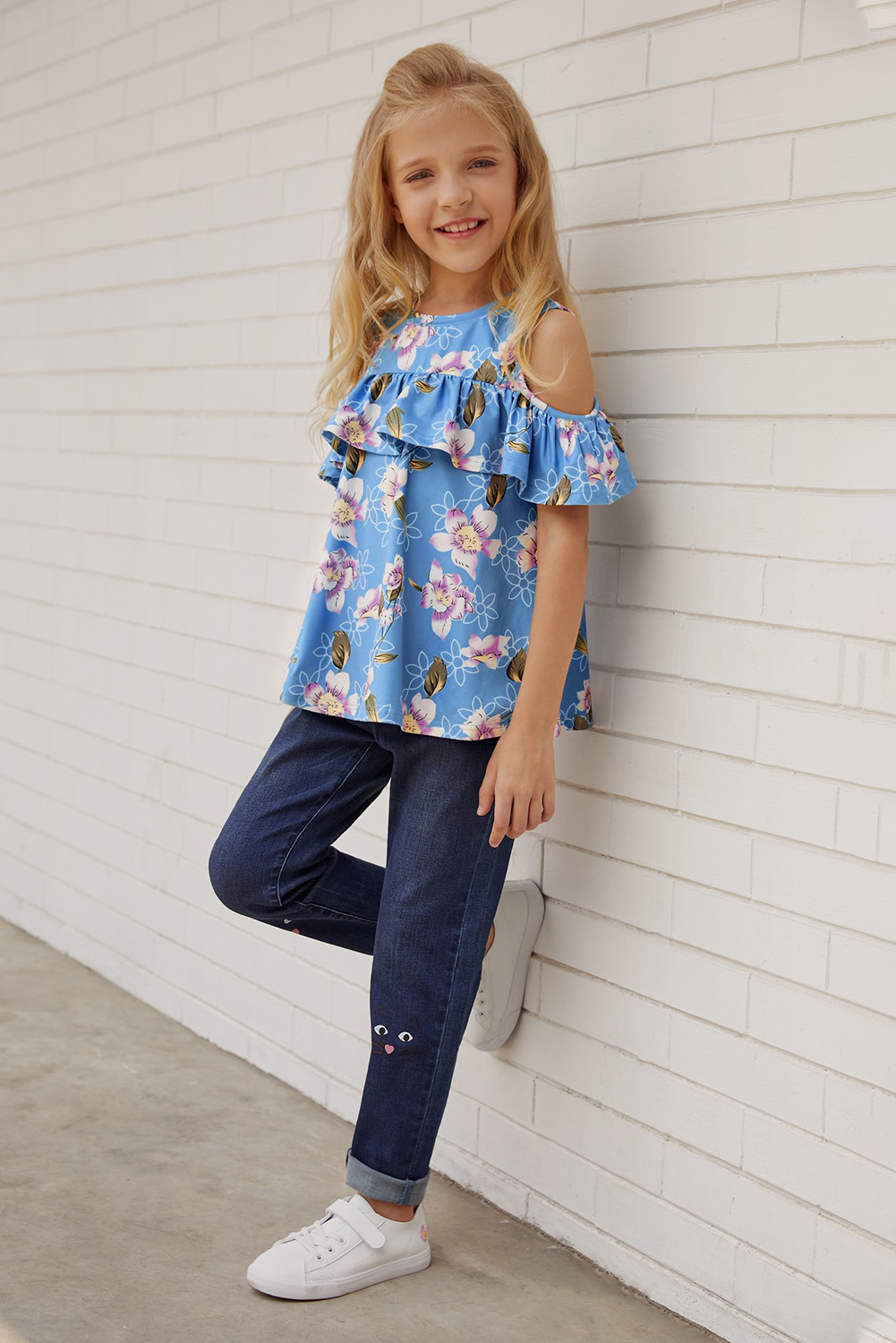 Sky Blue Ruffled Cold Shoulder Floral Girls' Top