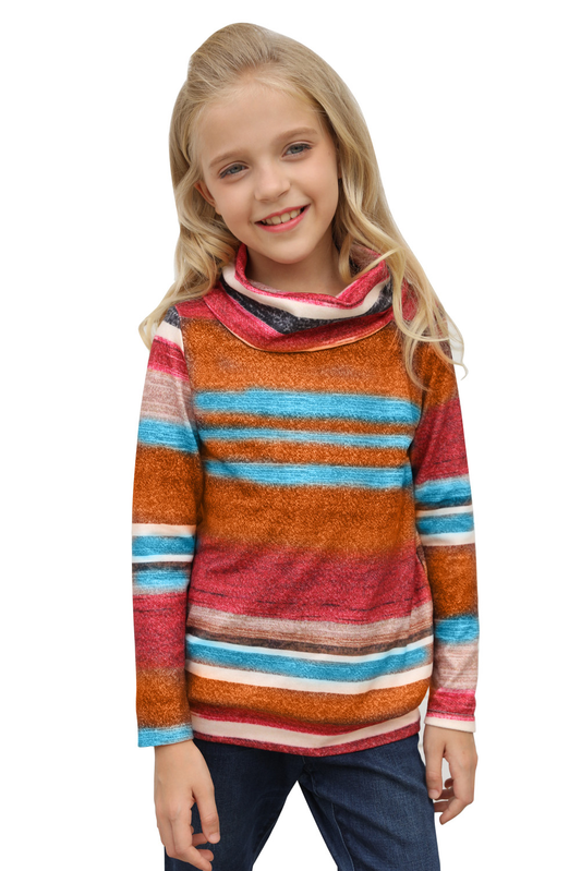 Multicolor Cowl Neck Girl's Striped Sweatshirt